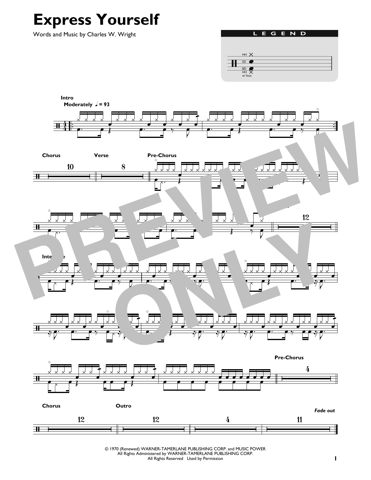 Download Charles Wright & The Watts 103rd Street Rhythm Band Express Yourself Sheet Music and learn how to play Drum Chart PDF digital score in minutes