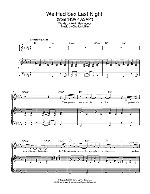 Download Charles Miller & Kevin Hammonds We Had Sex Last Night (from RSVP ASAP) Sheet Music and learn how to play Piano & Vocal PDF digital score in minutes