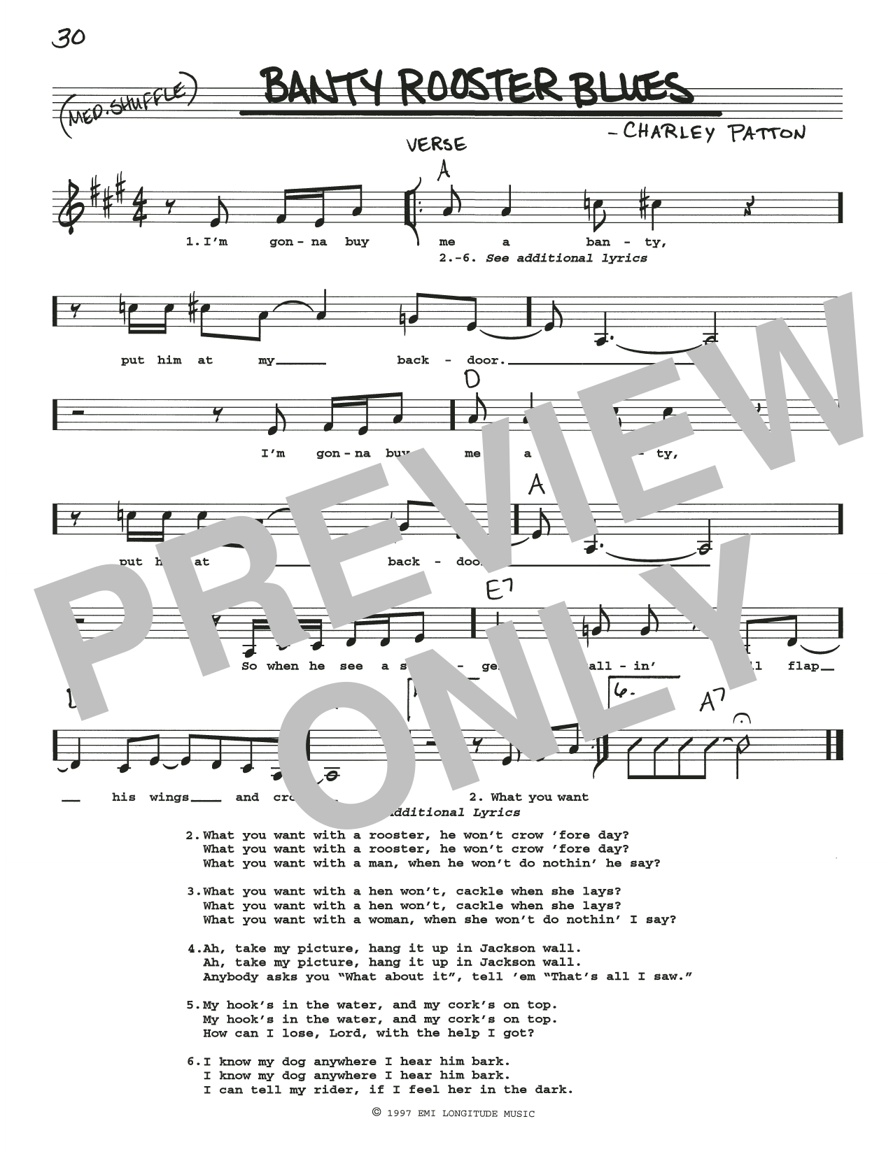 Download Charley Patton Banty Rooster Blues Sheet Music and learn how to play Real Book – Melody, Lyrics & Chords PDF digital score in minutes