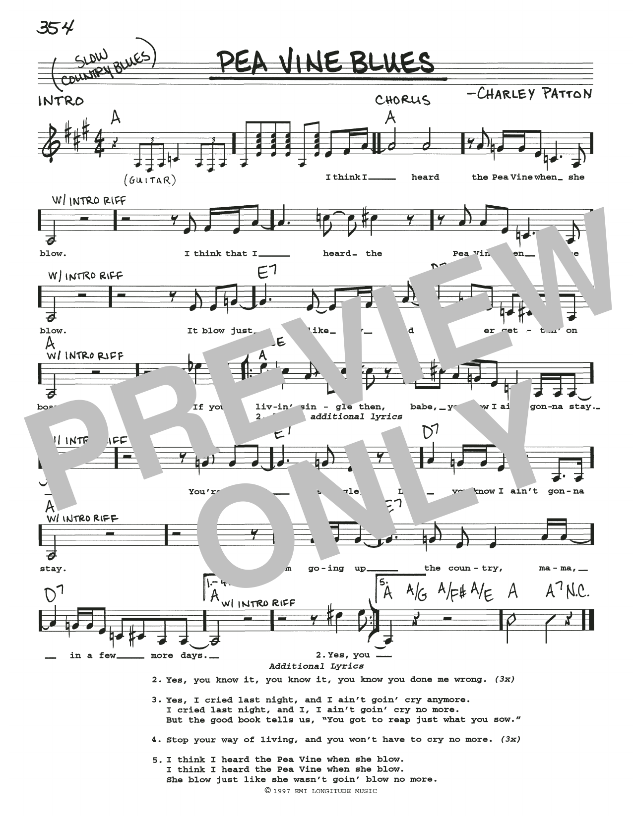 Download Charley Patton Pea Vine Blues Sheet Music and learn how to play Real Book – Melody, Lyrics & Chords PDF digital score in minutes
