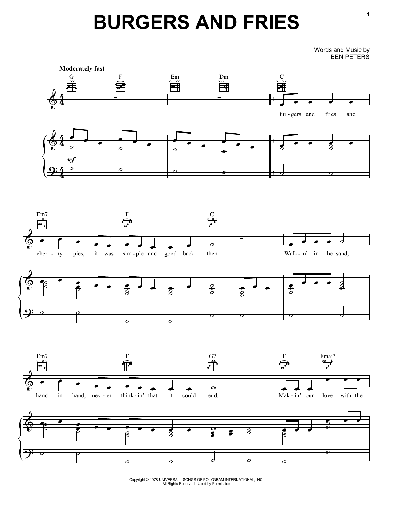 Download Charley Pride Burgers And Fries Sheet Music and learn how to play Piano, Vocal & Guitar Chords (Right-Hand Melody) PDF digital score in minutes