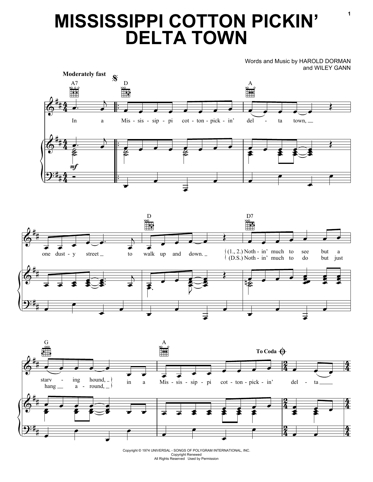 Download Charley Pride Mississippi Cotton Pickin' Delta Town Sheet Music and learn how to play Piano, Vocal & Guitar Chords (Right-Hand Melody) PDF digital score in minutes