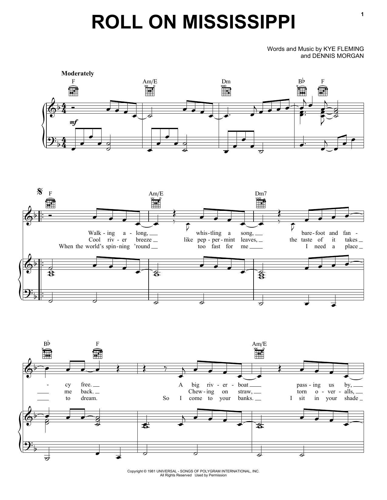 Download Charley Pride Roll On Mississippi Sheet Music and learn how to play Piano, Vocal & Guitar Chords (Right-Hand Melody) PDF digital score in minutes