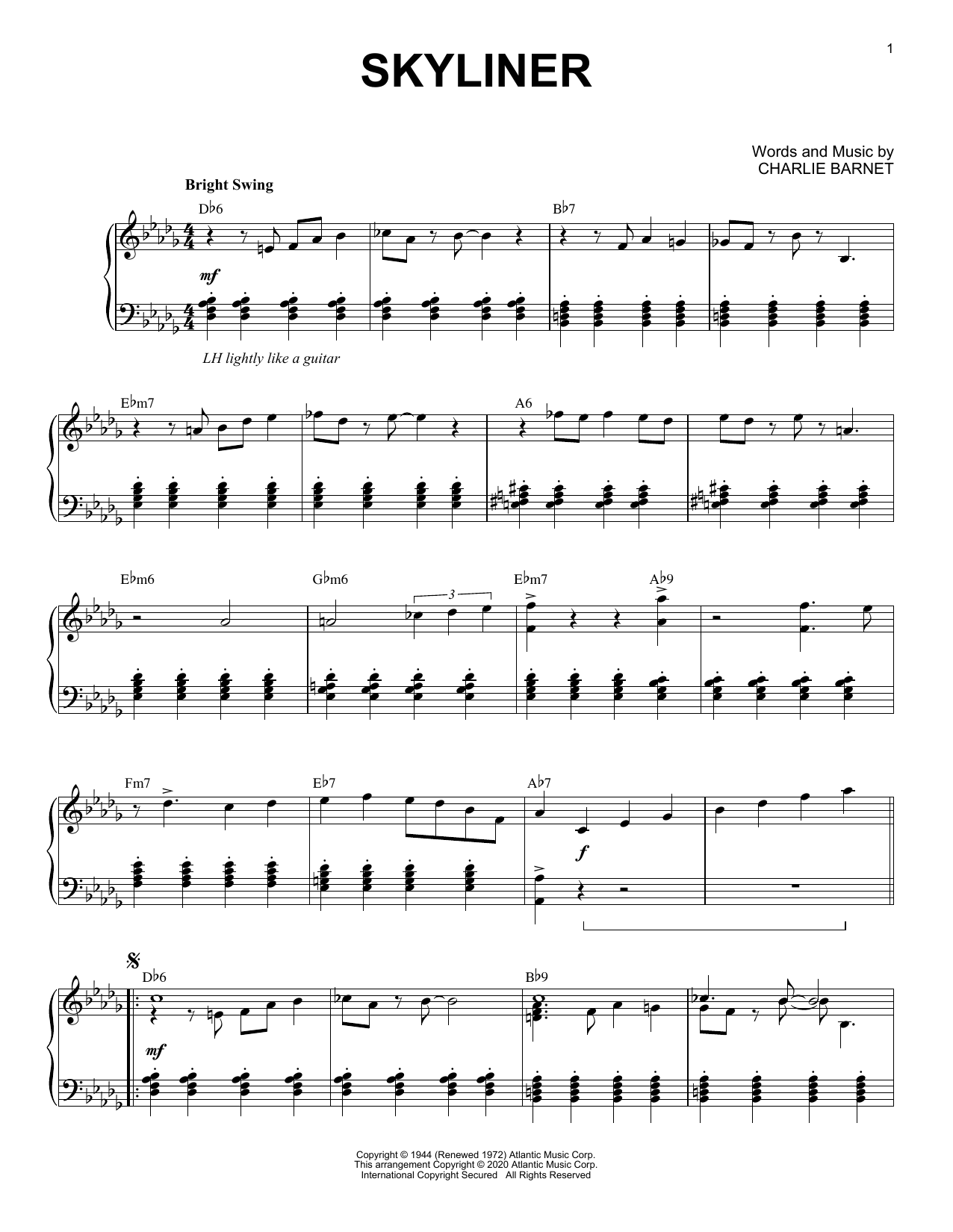 Download Charlie Barnet Skyliner [Jazz version] (arr. Brent Edstrom) Sheet Music and learn how to play Piano Solo PDF digital score in minutes