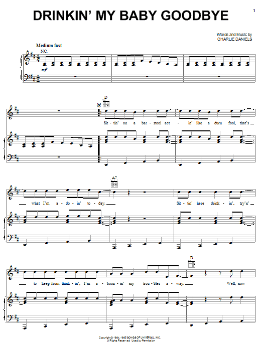 Download Charlie Daniels Band Drinkin' My Baby Goodbye Sheet Music and learn how to play Piano, Vocal & Guitar (Right-Hand Melody) PDF digital score in minutes