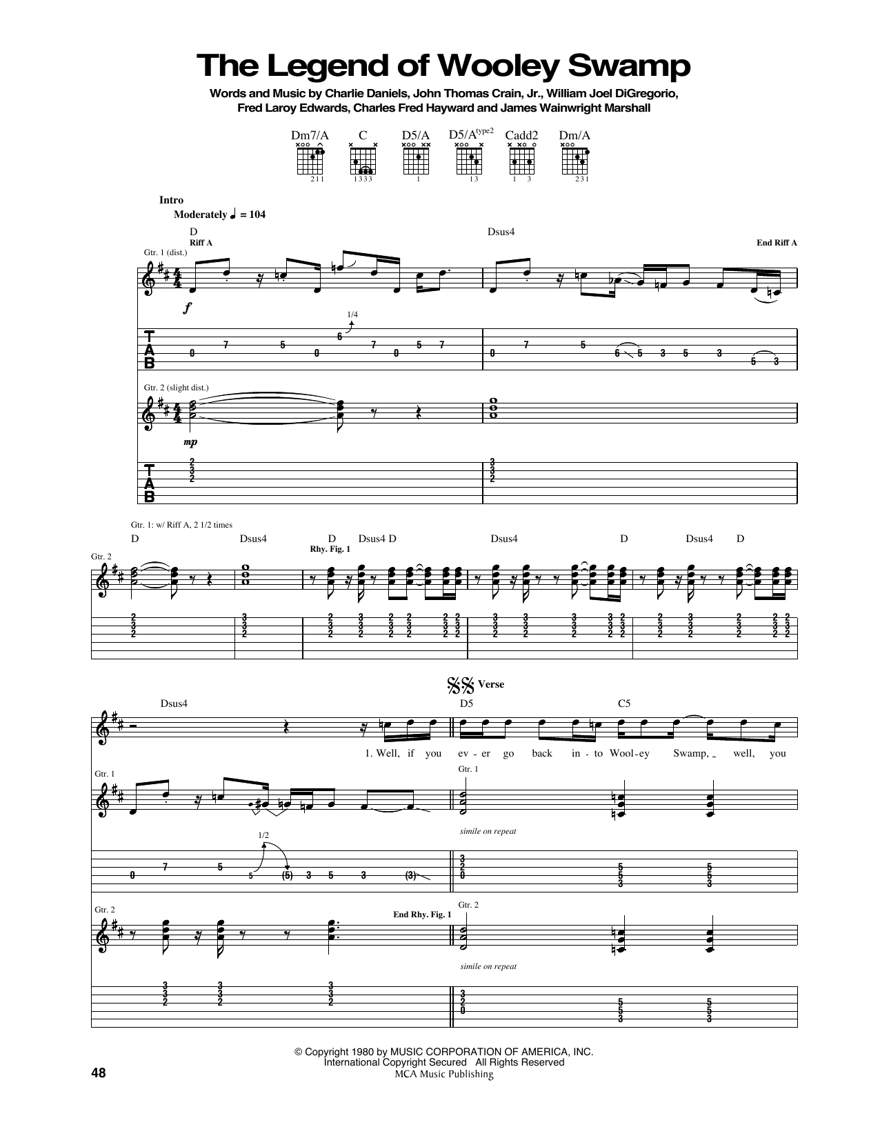 Download Charlie Daniels Band The Legend Of Wooley Swamp Sheet Music and learn how to play Guitar Tab PDF digital score in minutes