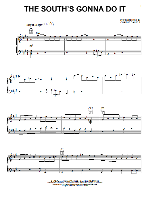 Download Charlie Daniels Band The South's Gonna Do It Sheet Music and learn how to play Piano, Vocal & Guitar (Right-Hand Melody) PDF digital score in minutes