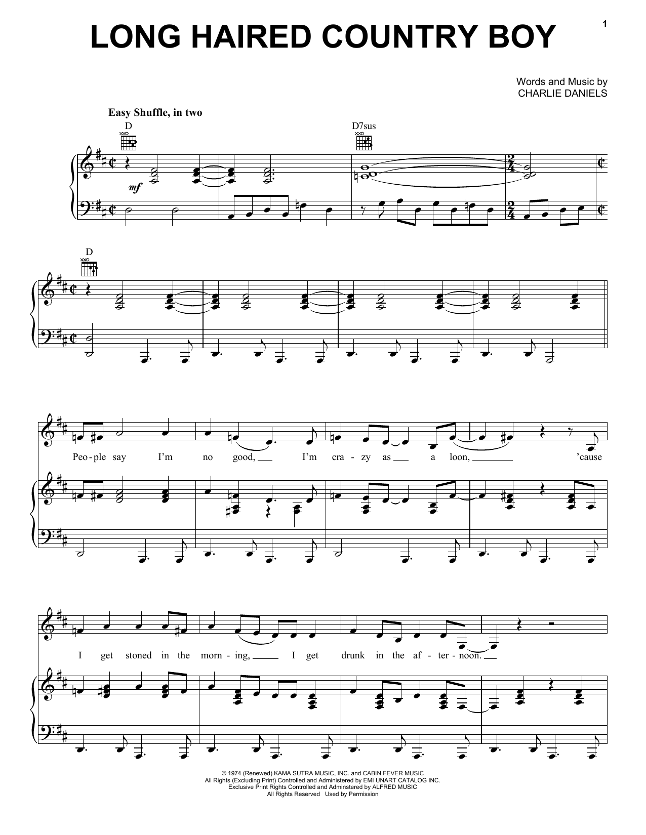 Download Charlie Daniels Long Haired Country Boy Sheet Music and learn how to play Piano, Vocal & Guitar (Right-Hand Melody) PDF digital score in minutes