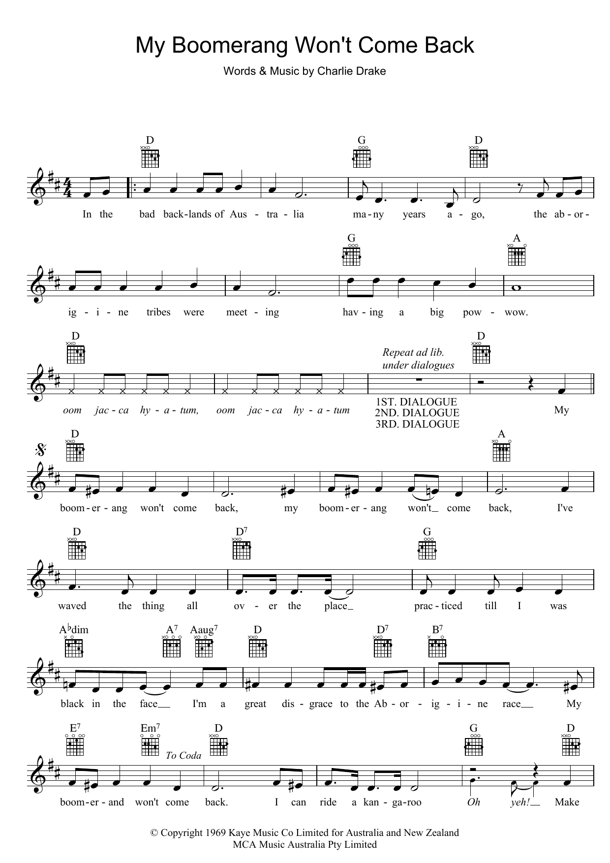 Download Charlie Drake My Boomerang Won't Come Back Sheet Music and learn how to play Easy Piano PDF digital score in minutes