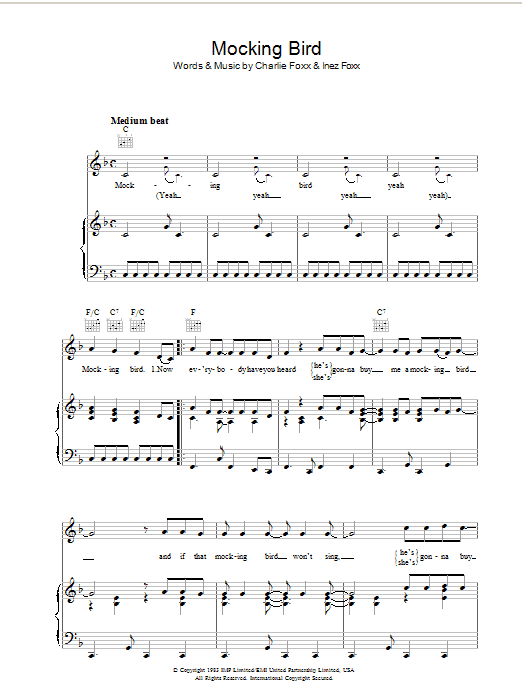 Download Charlie Foxx Mocking Bird Sheet Music and learn how to play Piano, Vocal & Guitar (Right-Hand Melody) PDF digital score in minutes