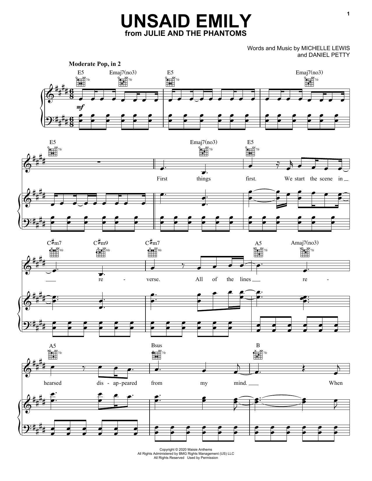 Download Charlie Gillespie Unsaid Emily (from Julie and the Phantoms) Sheet Music and learn how to play Piano, Vocal & Guitar Chords (Right-Hand Melody) PDF digital score in minutes