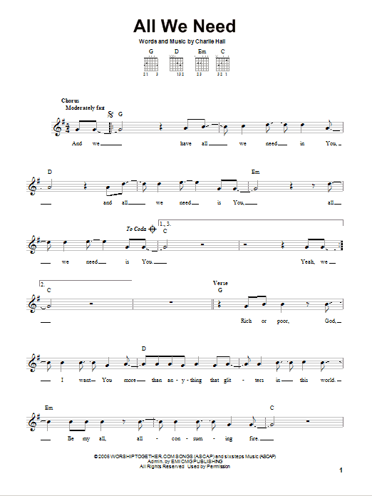 Download Charlie Hall All We Need Sheet Music and learn how to play Easy Guitar PDF digital score in minutes