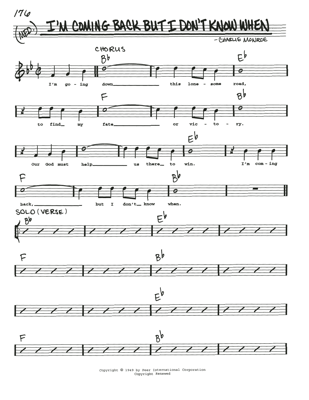 Download Charlie Monroe I'm Coming Back But I Don't Know When Sheet Music and learn how to play Real Book – Melody, Lyrics & Chords PDF digital score in minutes