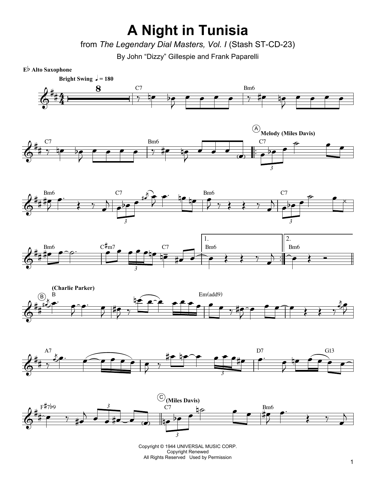 Download Charlie Parker A Night In Tunisia Sheet Music and learn how to play Alto Sax Transcription PDF digital score in minutes