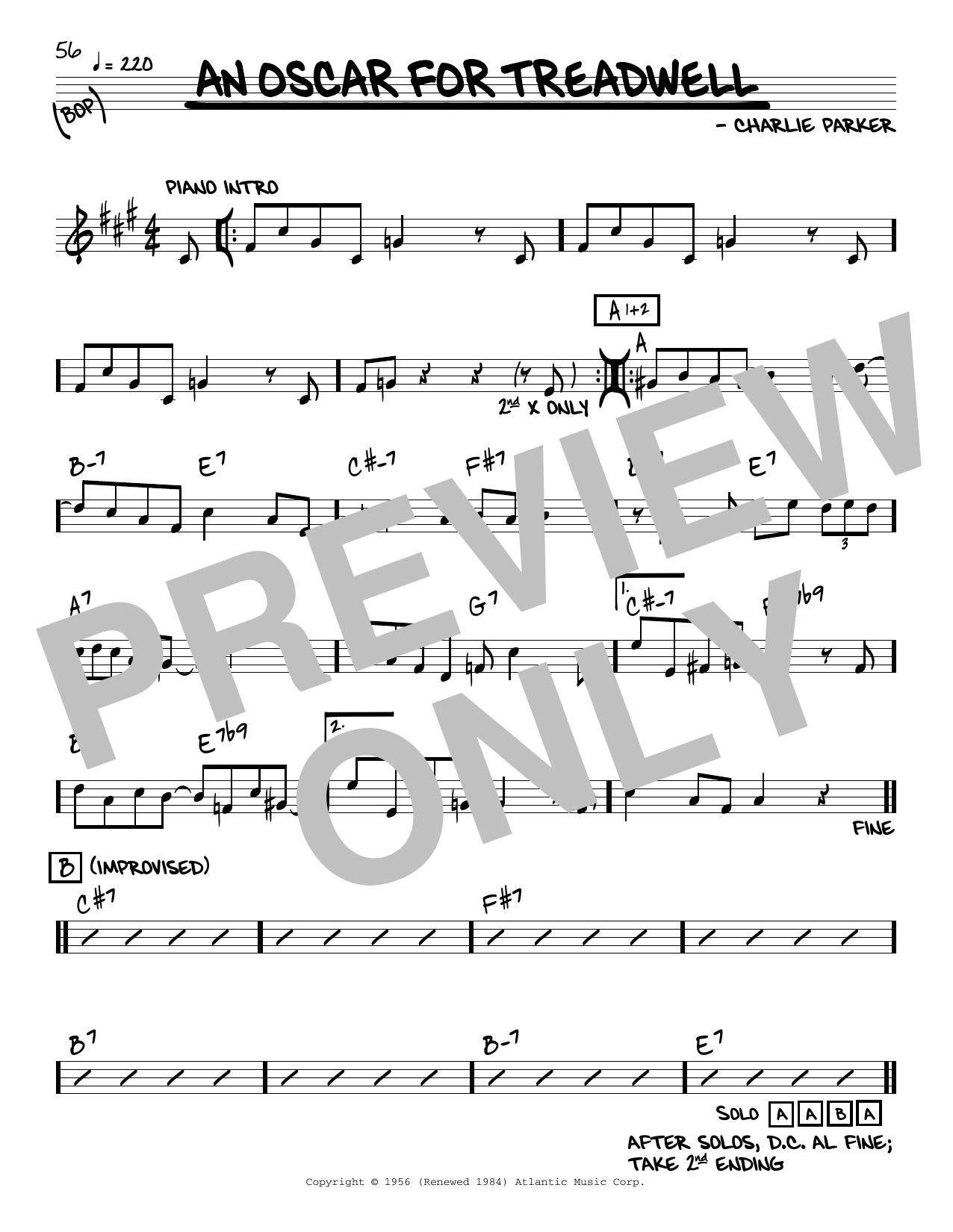 Download Charlie Parker An Oscar For Treadwell Sheet Music and learn how to play Real Book – Melody & Chords PDF digital score in minutes