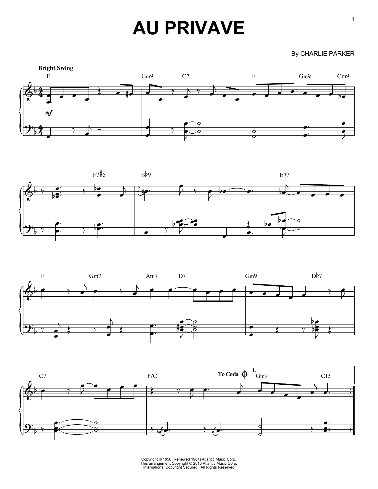 Download Charlie Parker Au Privave Sheet Music and learn how to play Piano PDF digital score in minutes