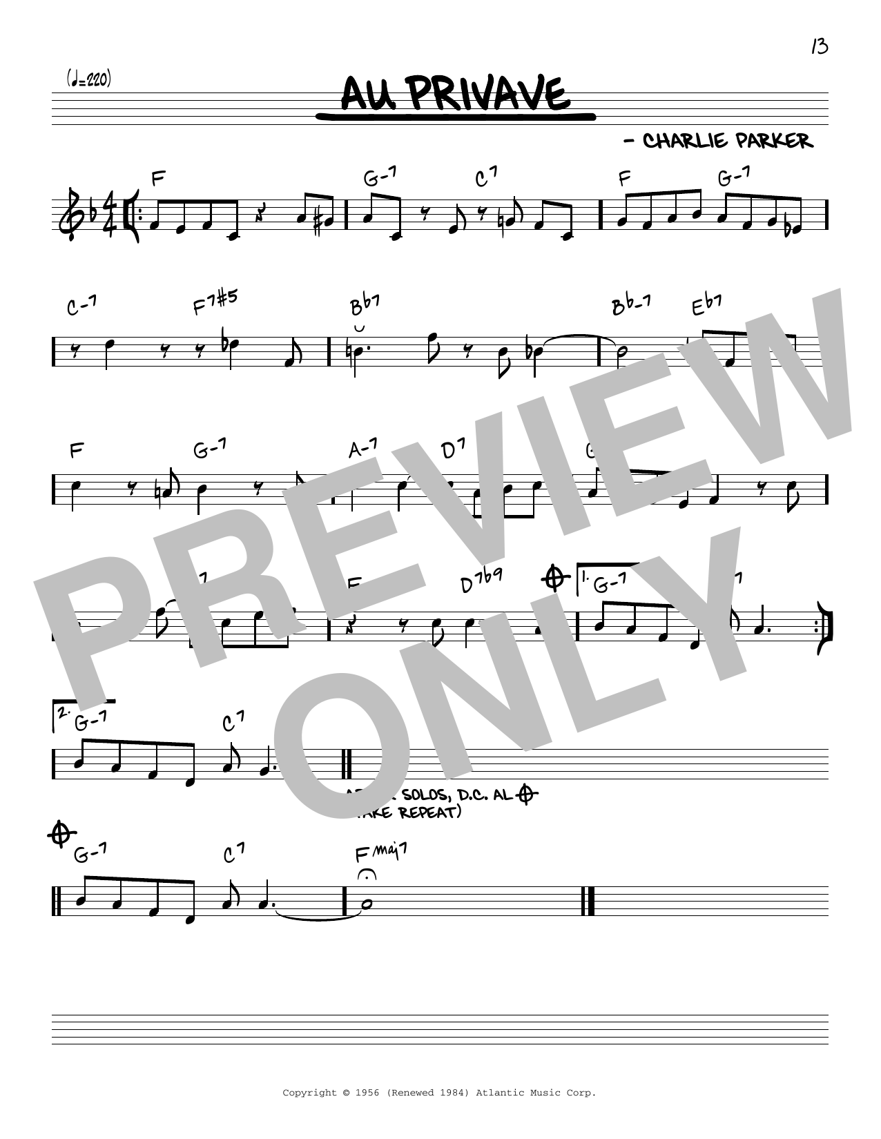 Download Charlie Parker Au Privave Sheet Music and learn how to play Real Book - Melody & Chords - Eb Instruments PDF digital score in minutes