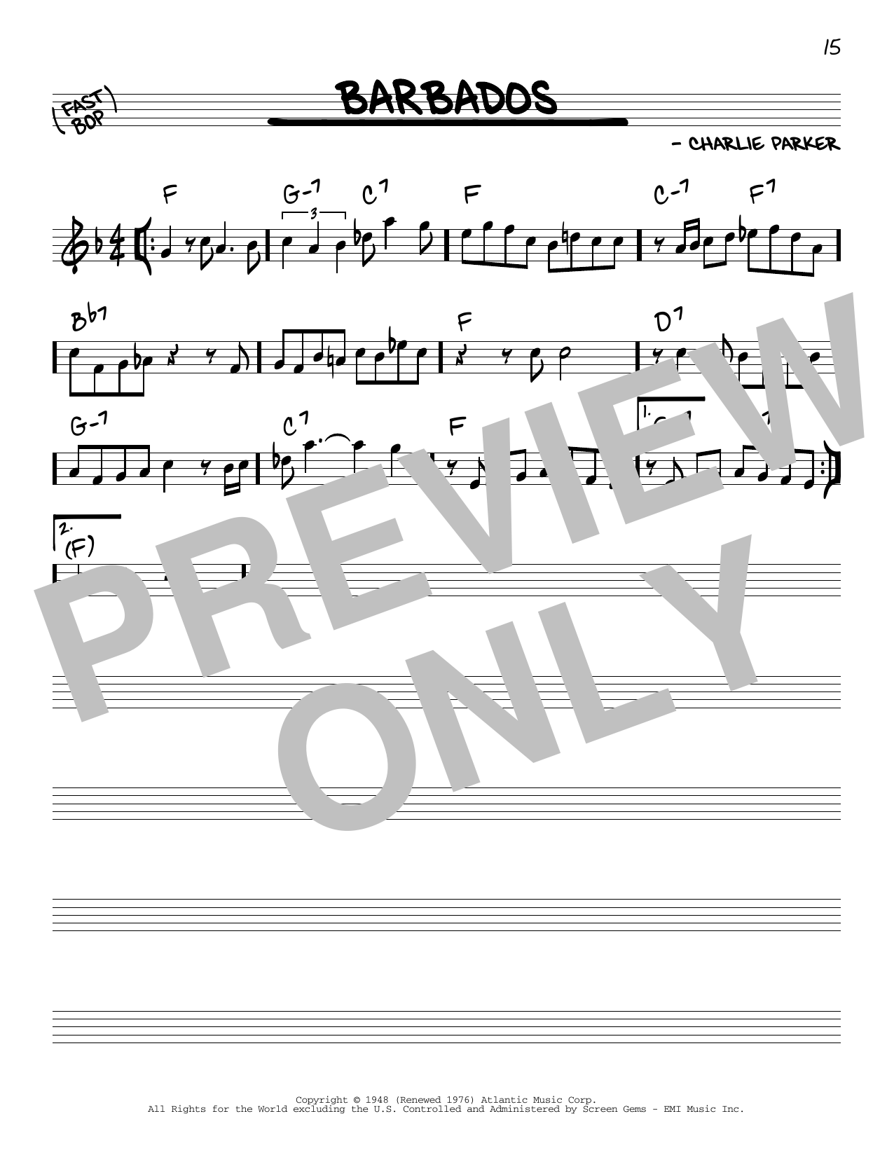 Download Charlie Parker Barbados Sheet Music and learn how to play Real Book – Melody & Chords PDF digital score in minutes