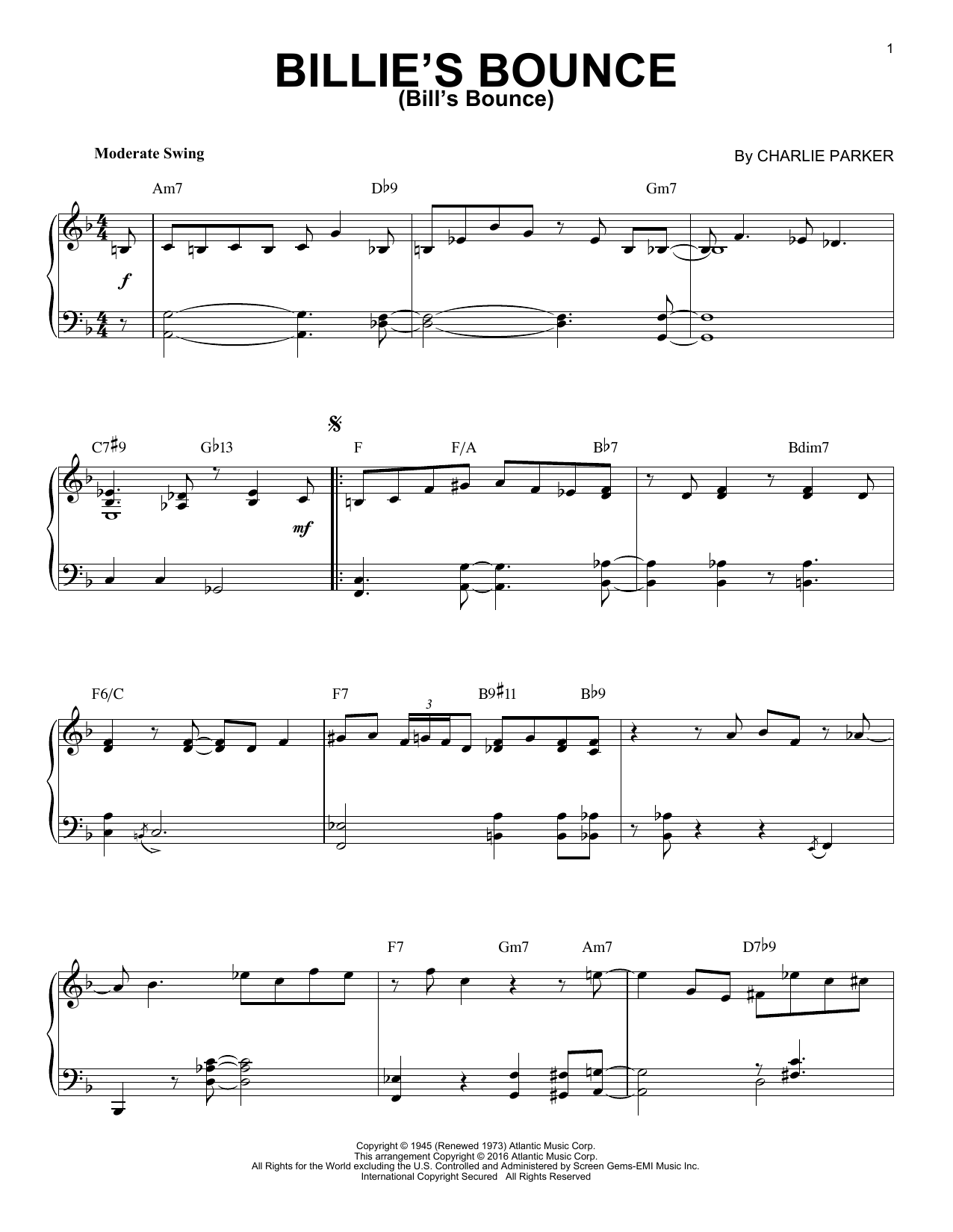 Download Charlie Parker Billie's Bounce (Bill's Bounce) Sheet Music and learn how to play Piano PDF digital score in minutes