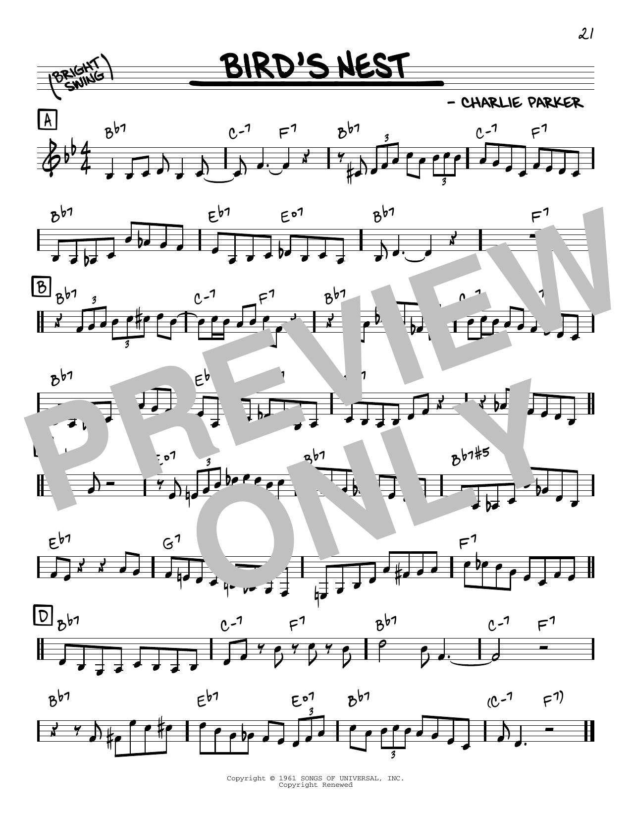 Download Charlie Parker Bird's Nest Sheet Music and learn how to play Real Book – Melody & Chords PDF digital score in minutes