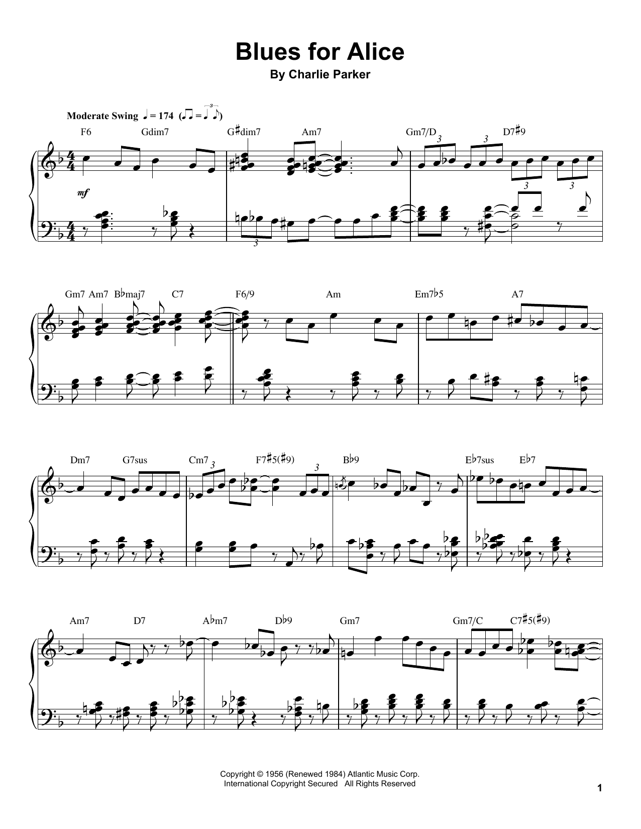 Download Charlie Parker Blues For Alice Sheet Music and learn how to play Piano Transcription PDF digital score in minutes