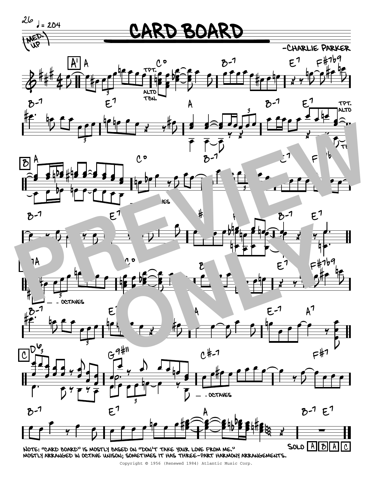 Download Charlie Parker Card Board Sheet Music and learn how to play Real Book – Melody & Chords PDF digital score in minutes