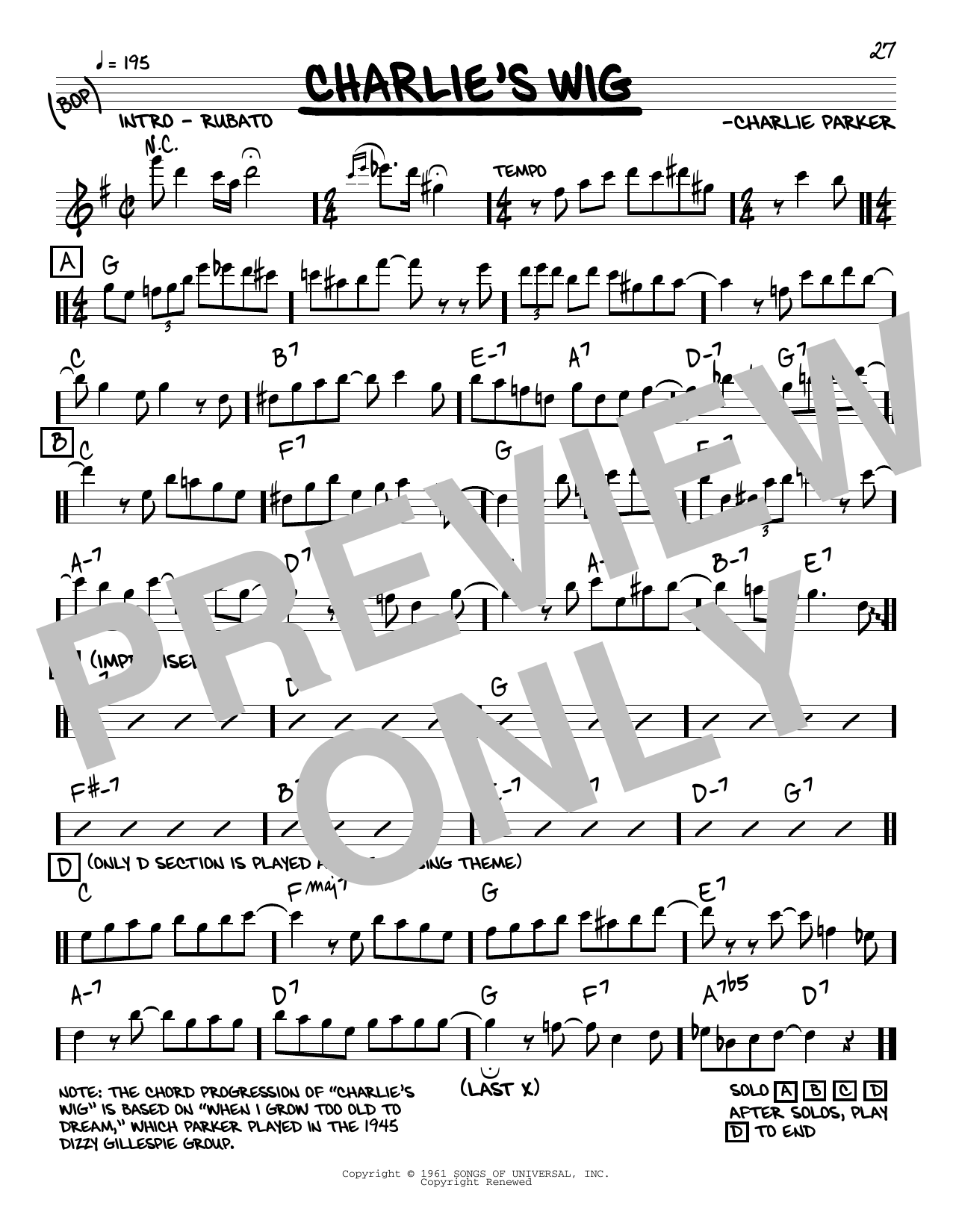 Download Charlie Parker Charlie's Wig Sheet Music and learn how to play Real Book – Melody & Chords PDF digital score in minutes