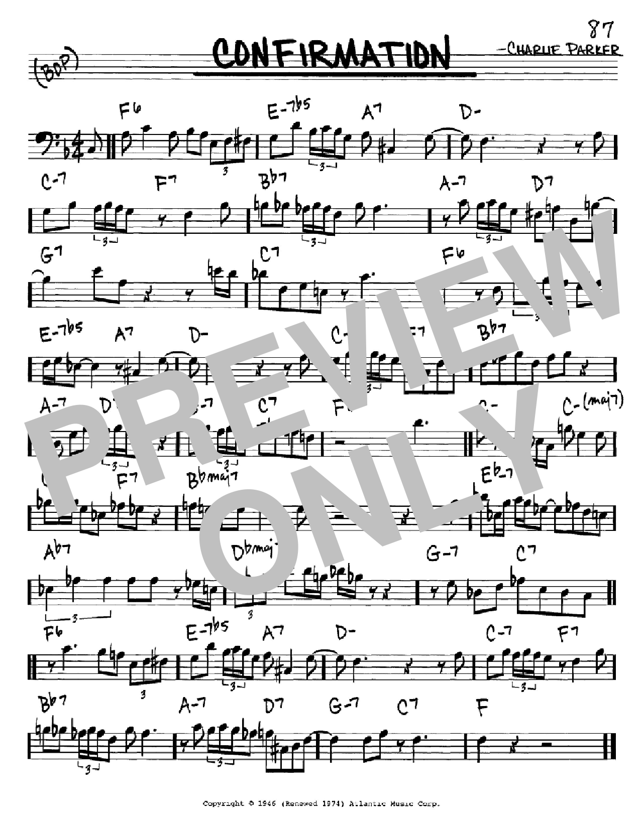 Download Charlie Parker Confirmation Sheet Music and learn how to play Real Book - Melody & Chords - C Instruments PDF digital score in minutes