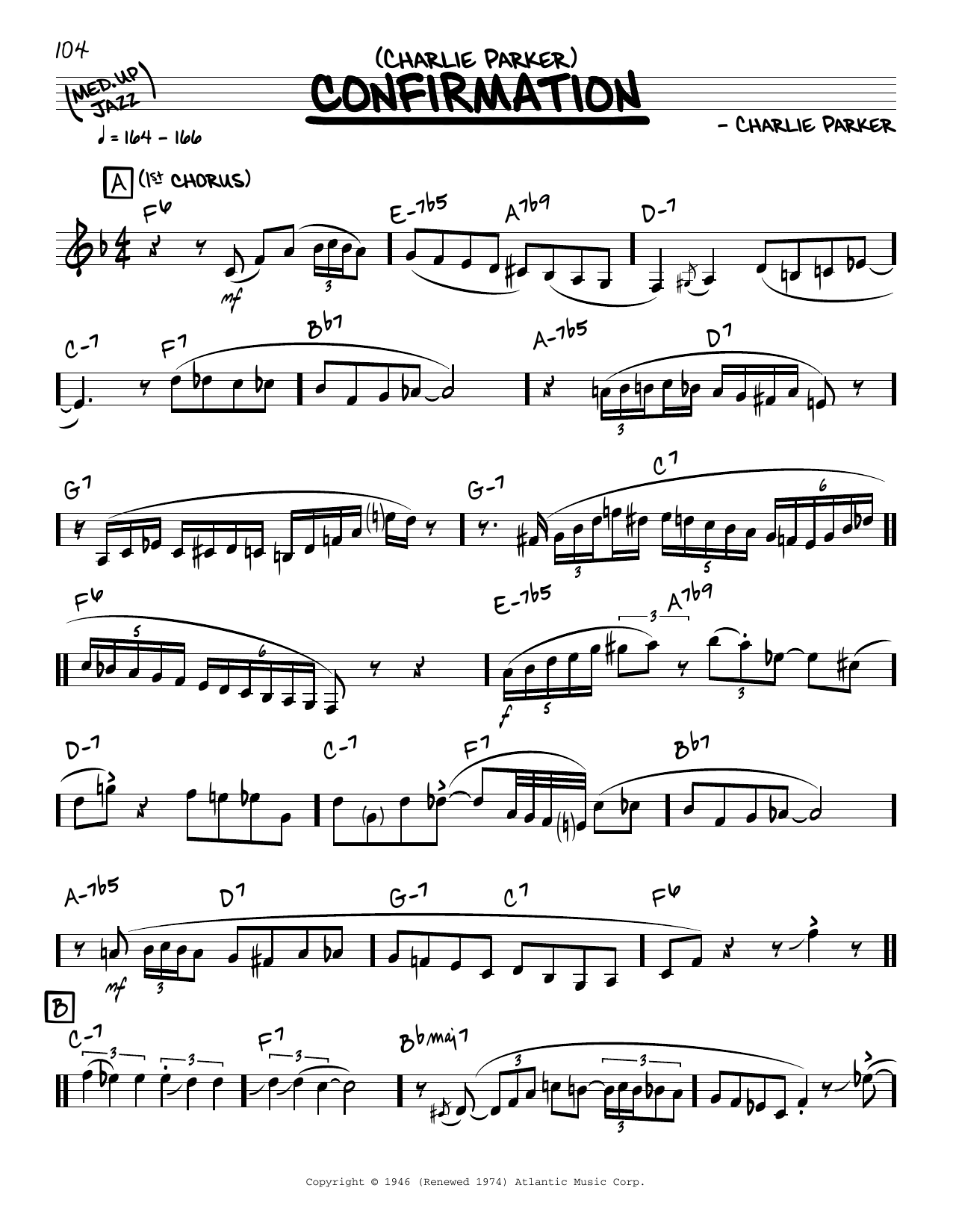 Download Charlie Parker Confirmation (solo only) Sheet Music and learn how to play Real Book – Melody & Chords PDF digital score in minutes