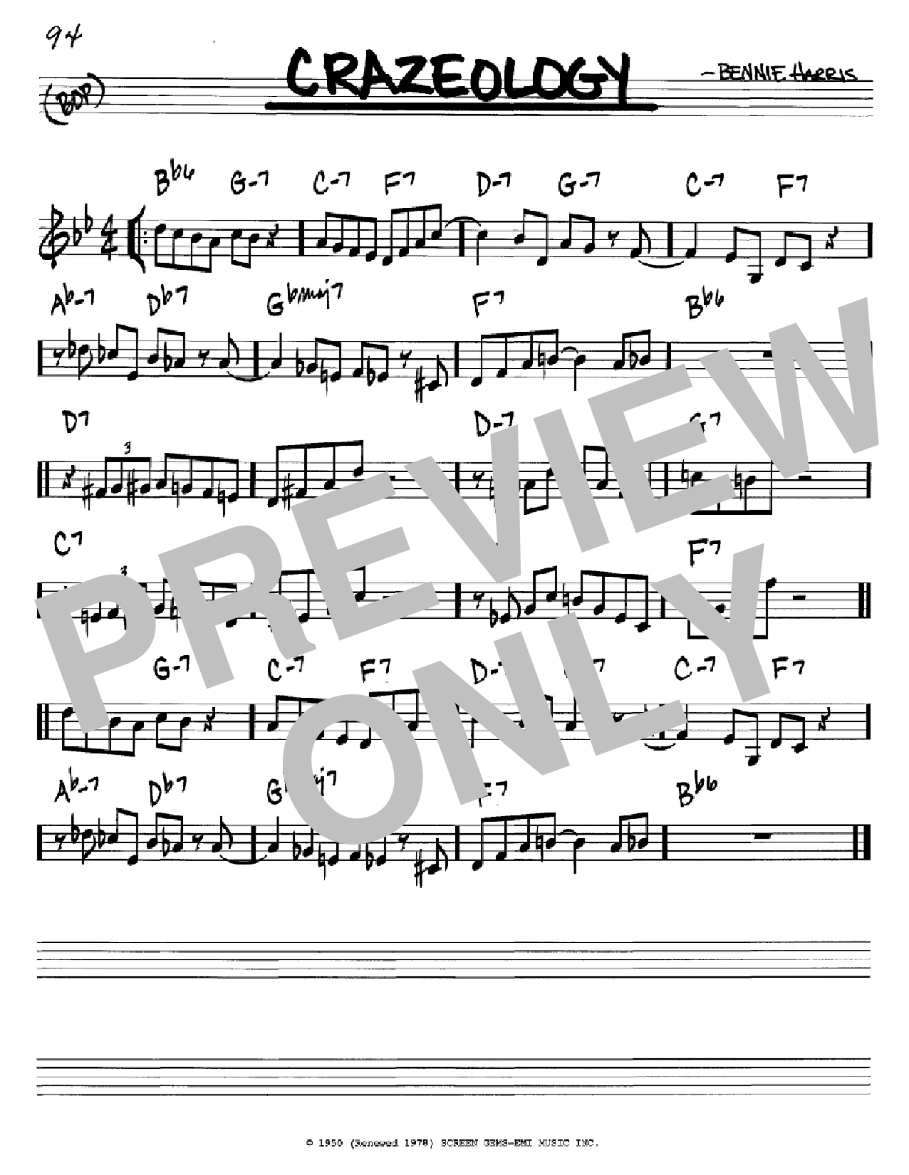 Download Charlie Parker Crazeology Sheet Music and learn how to play Real Book - Melody & Chords - Bass Clef Instruments PDF digital score in minutes