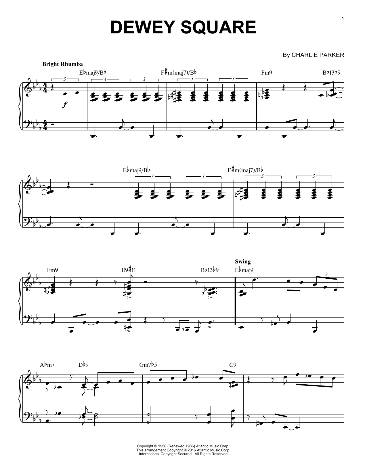 Download Charlie Parker Dewey Square Sheet Music and learn how to play Piano PDF digital score in minutes