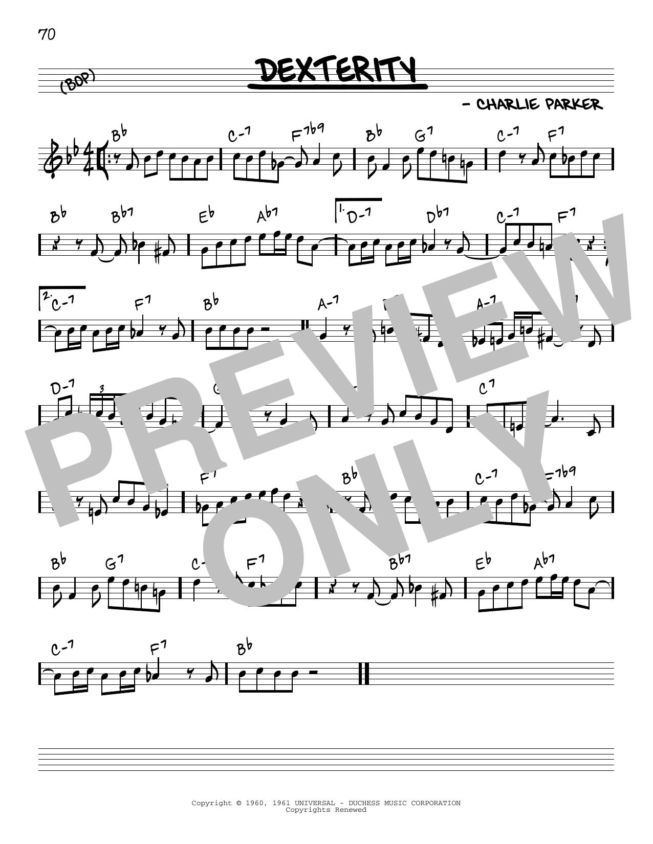 Download Charlie Parker Dexterity Sheet Music and learn how to play Real Book - Melody & Chords - C Instruments PDF digital score in minutes