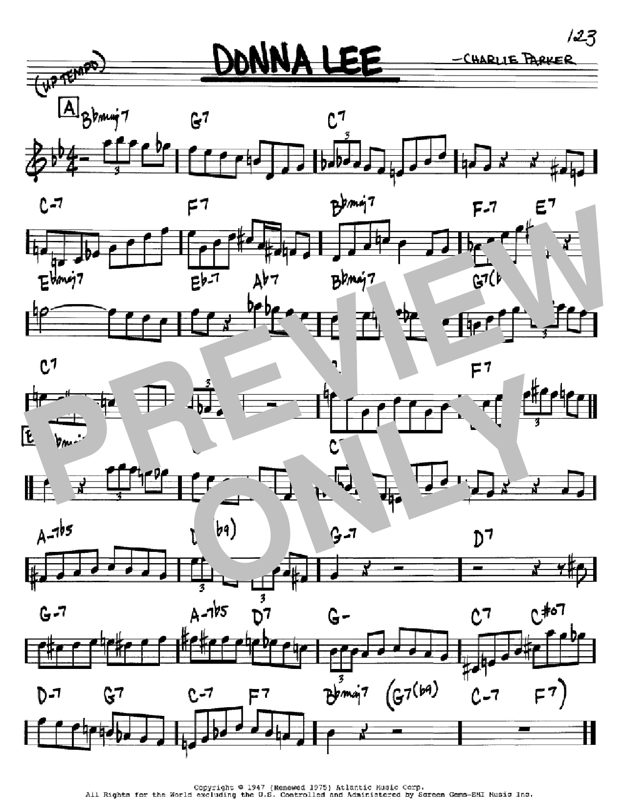 Download Charlie Parker Donna Lee Sheet Music and learn how to play Real Book - Melody & Chords - Bass Clef Instruments PDF digital score in minutes