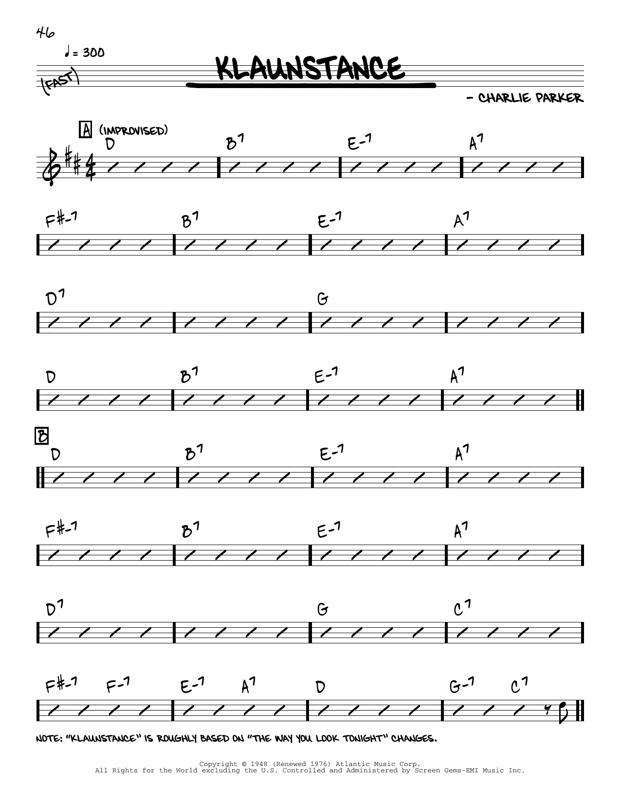 Download Charlie Parker Klaunstance Sheet Music and learn how to play Real Book – Melody & Chords PDF digital score in minutes