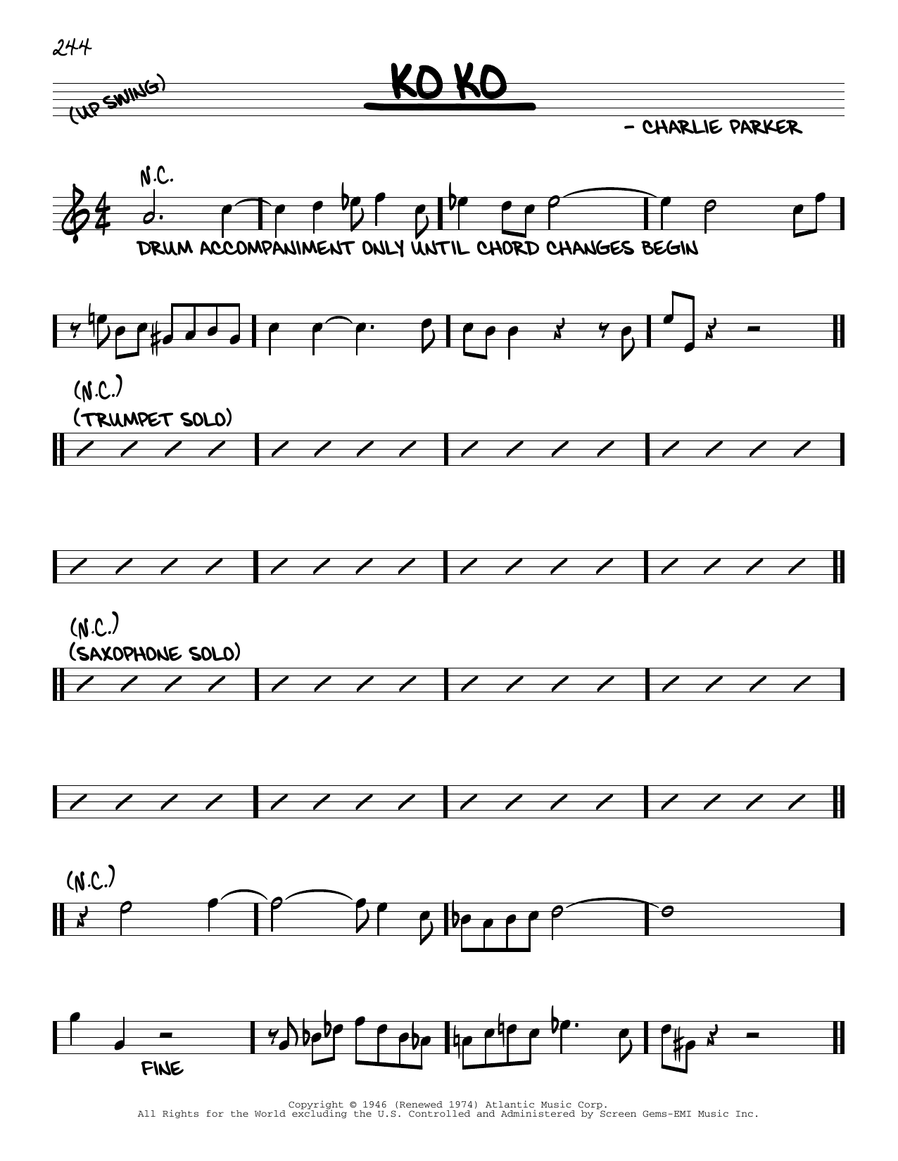 Download Charlie Parker Ko Ko Sheet Music and learn how to play Real Book – Melody & Chords PDF digital score in minutes