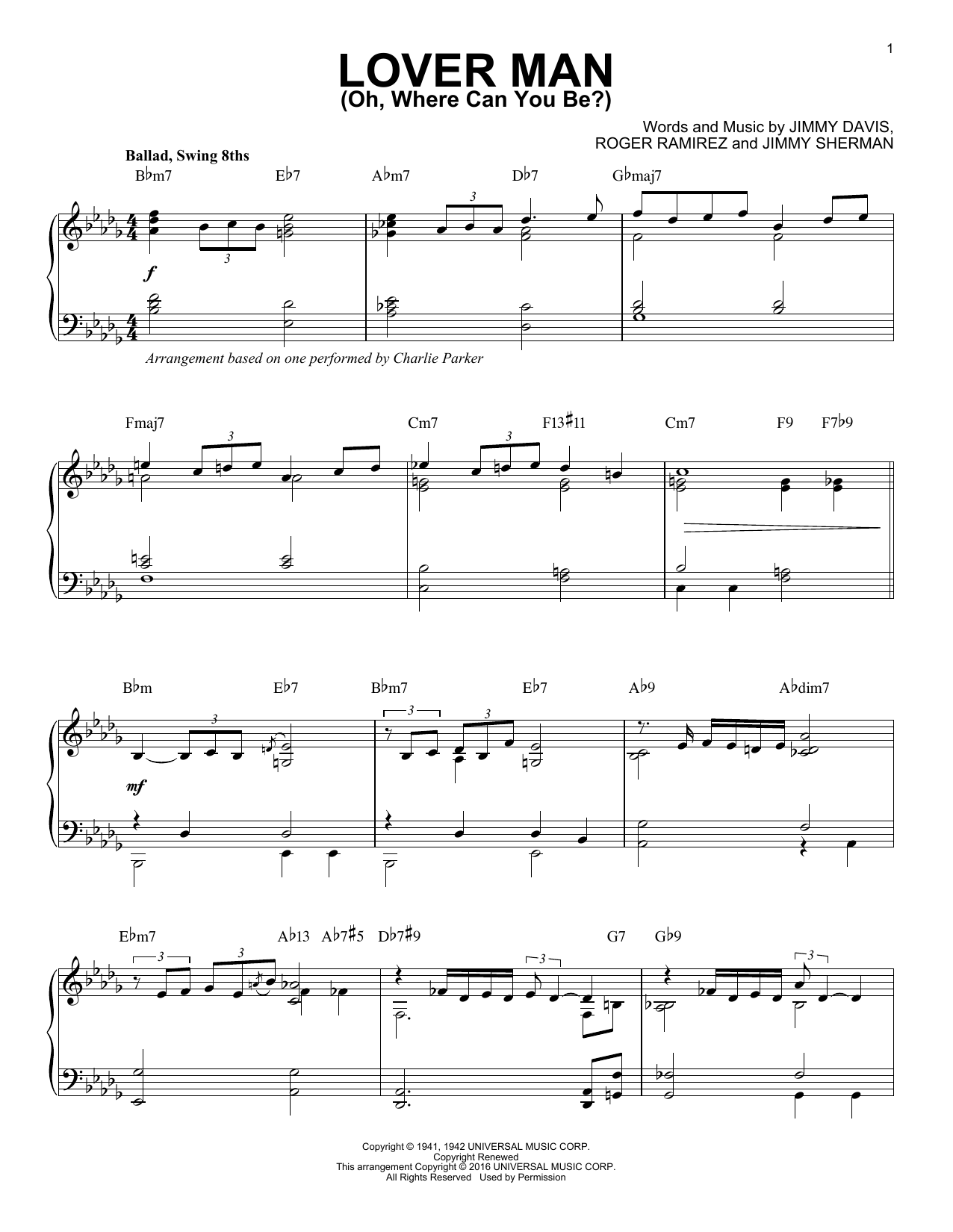 Download Charlie Parker Lover Man (Oh, Where Can You Be?) Sheet Music and learn how to play Piano PDF digital score in minutes