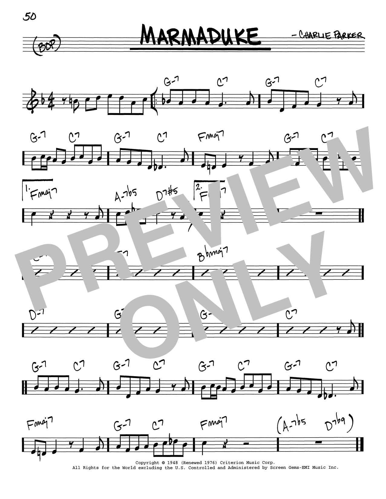 Download Charlie Parker Marmaduke Sheet Music and learn how to play Real Book - Melody & Chords - C Instruments PDF digital score in minutes
