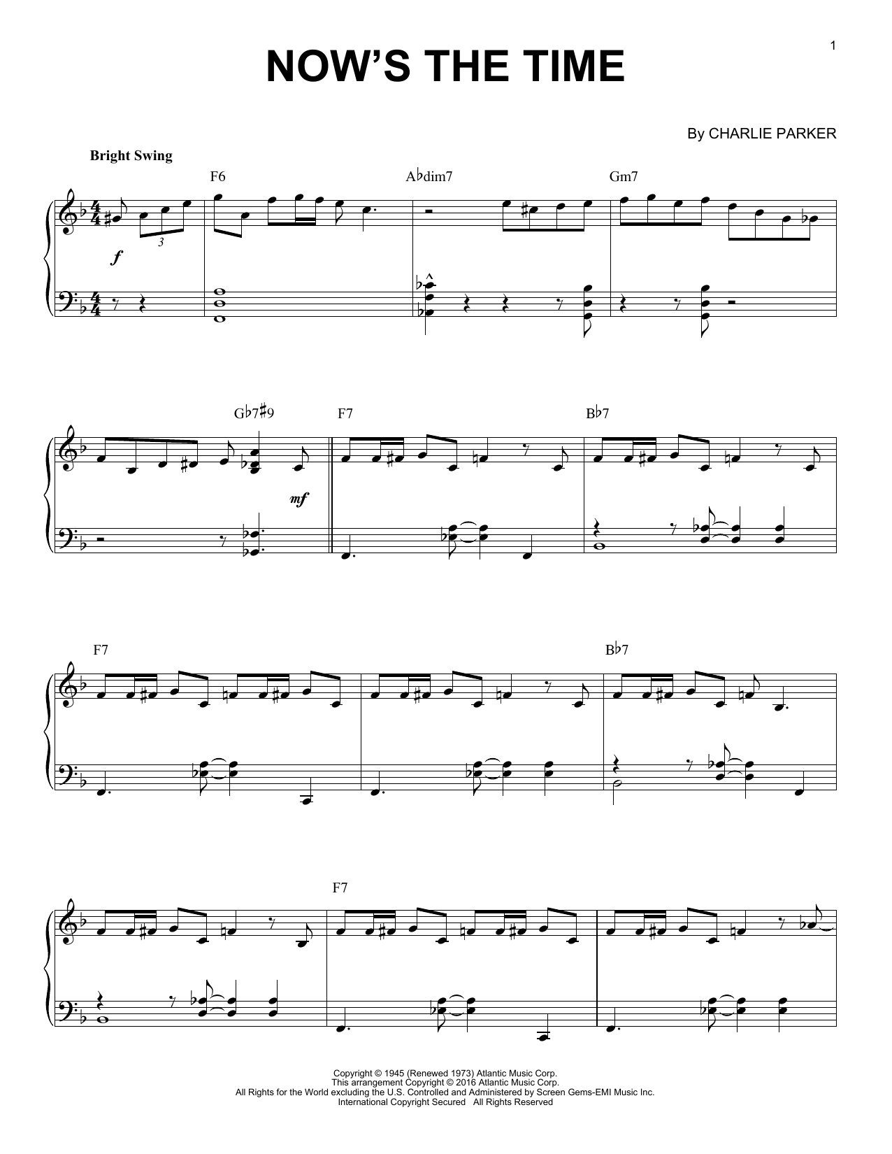 Download Charlie Parker Now's The Time Sheet Music and learn how to play Piano PDF digital score in minutes