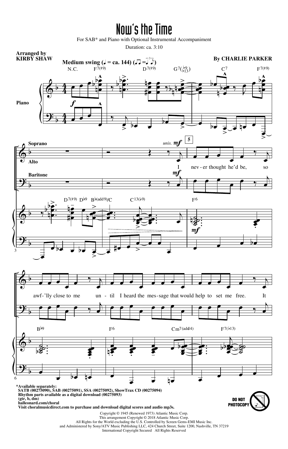 Download Charlie Parker Now's The Time (arr. Kirby Shaw) Sheet Music and learn how to play SATB Choir PDF digital score in minutes