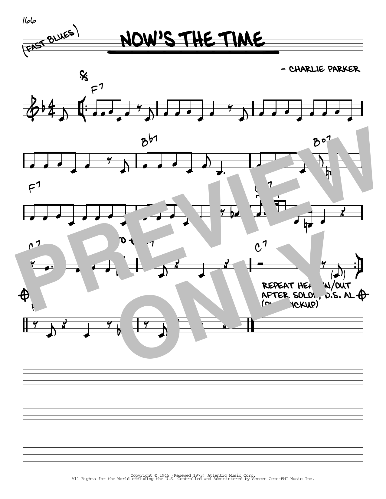 Download Charlie Parker Now's The Time Sheet Music and learn how to play Real Book - Melody, Lyrics & Chords - C Instruments PDF digital score in minutes