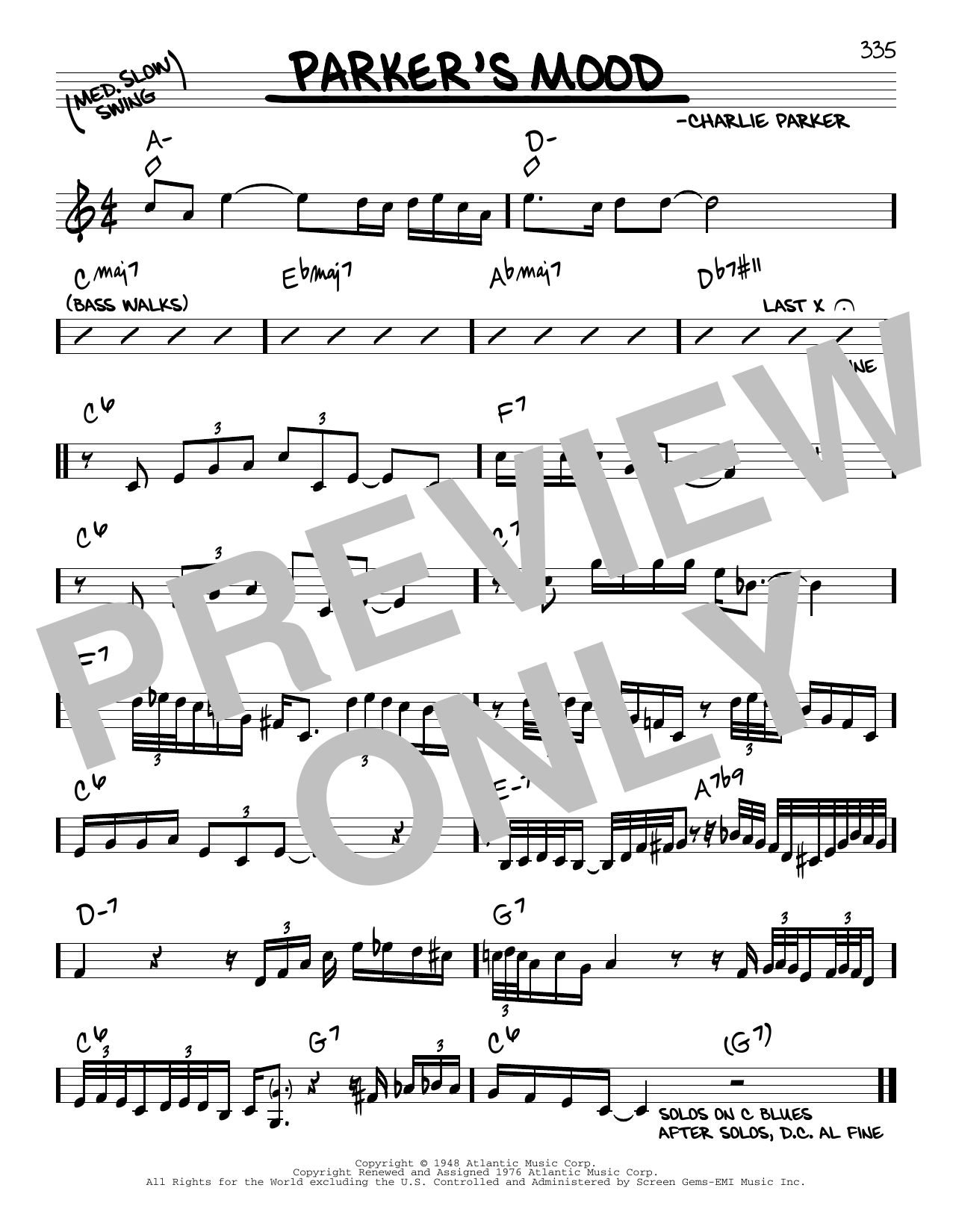 Download Charlie Parker Parker's Mood Sheet Music and learn how to play Real Book – Melody & Chords PDF digital score in minutes