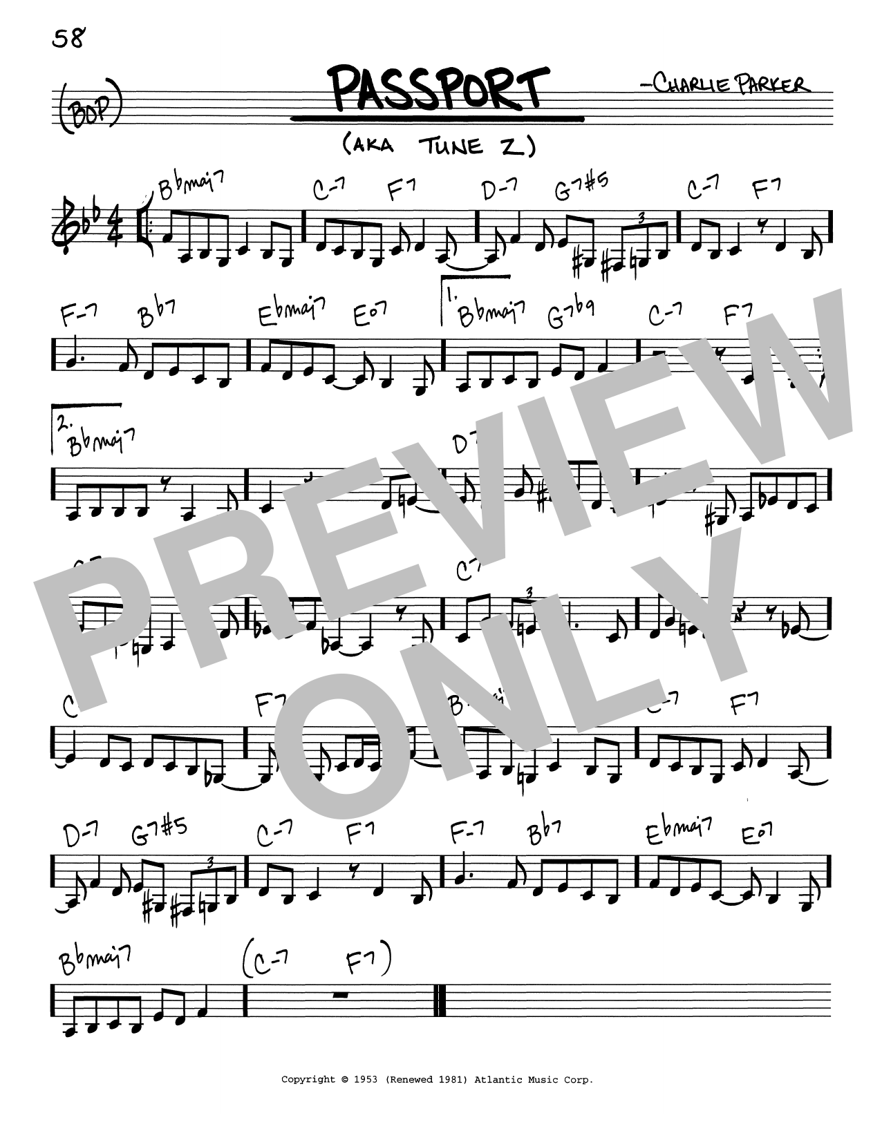 Download Charlie Parker Passport Sheet Music and learn how to play Real Book - Melody & Chords - C Instruments PDF digital score in minutes
