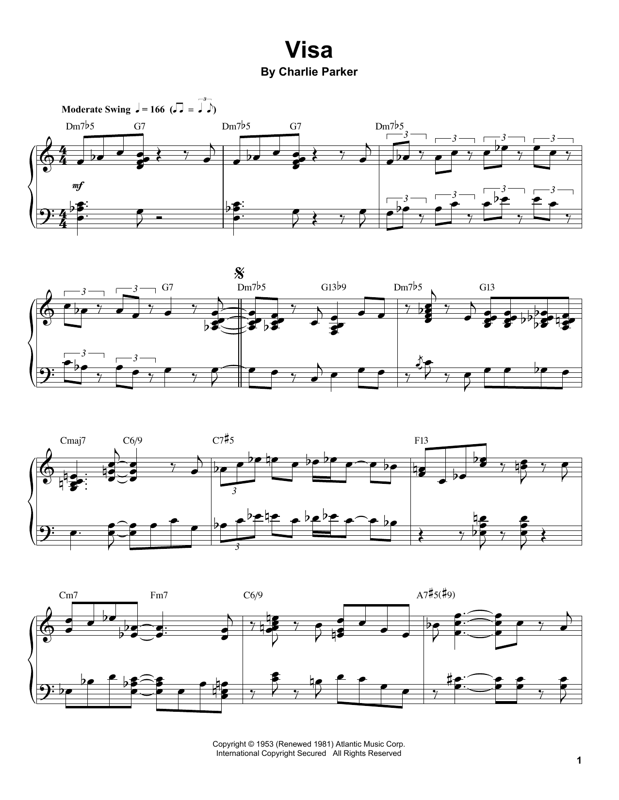 Download Charlie Parker Visa Sheet Music and learn how to play Piano Transcription PDF digital score in minutes