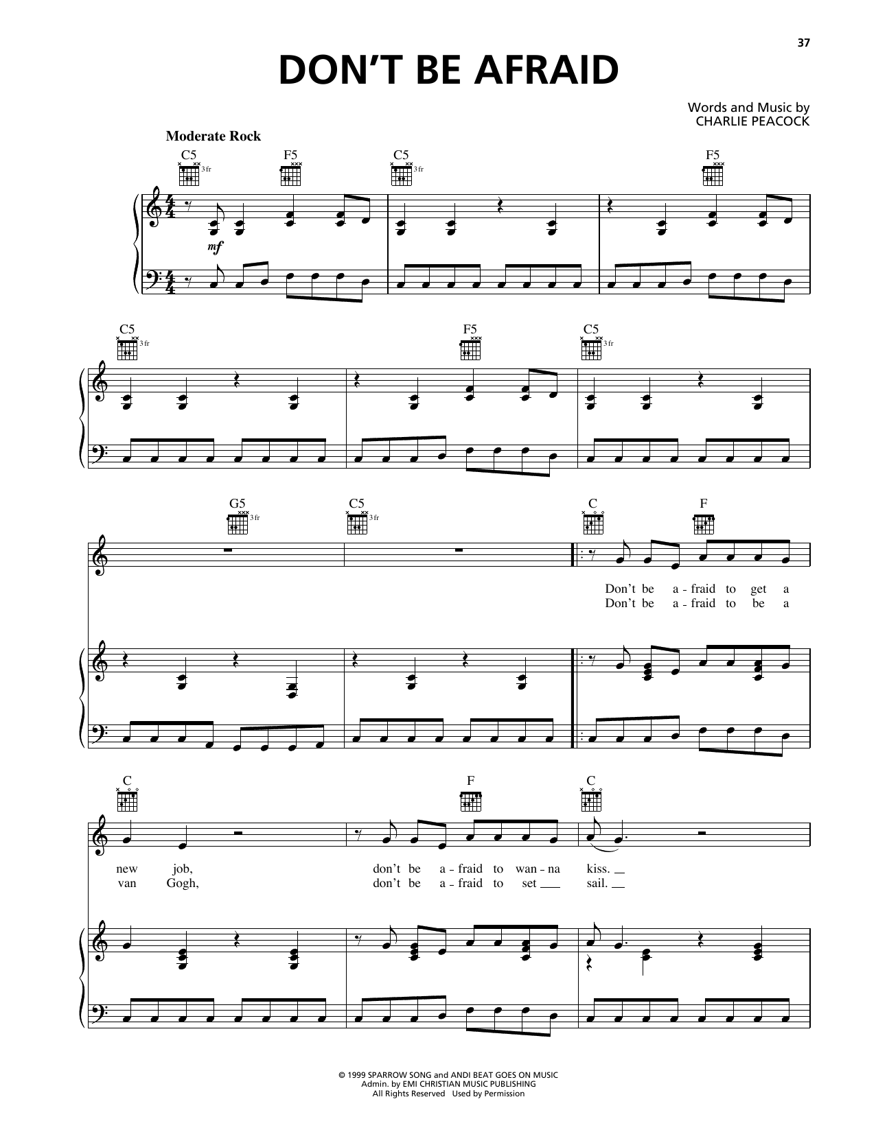 Download Charlie Peacock Don't Be Afraid Sheet Music and learn how to play Piano, Vocal & Guitar Chords (Right-Hand Melody) PDF digital score in minutes