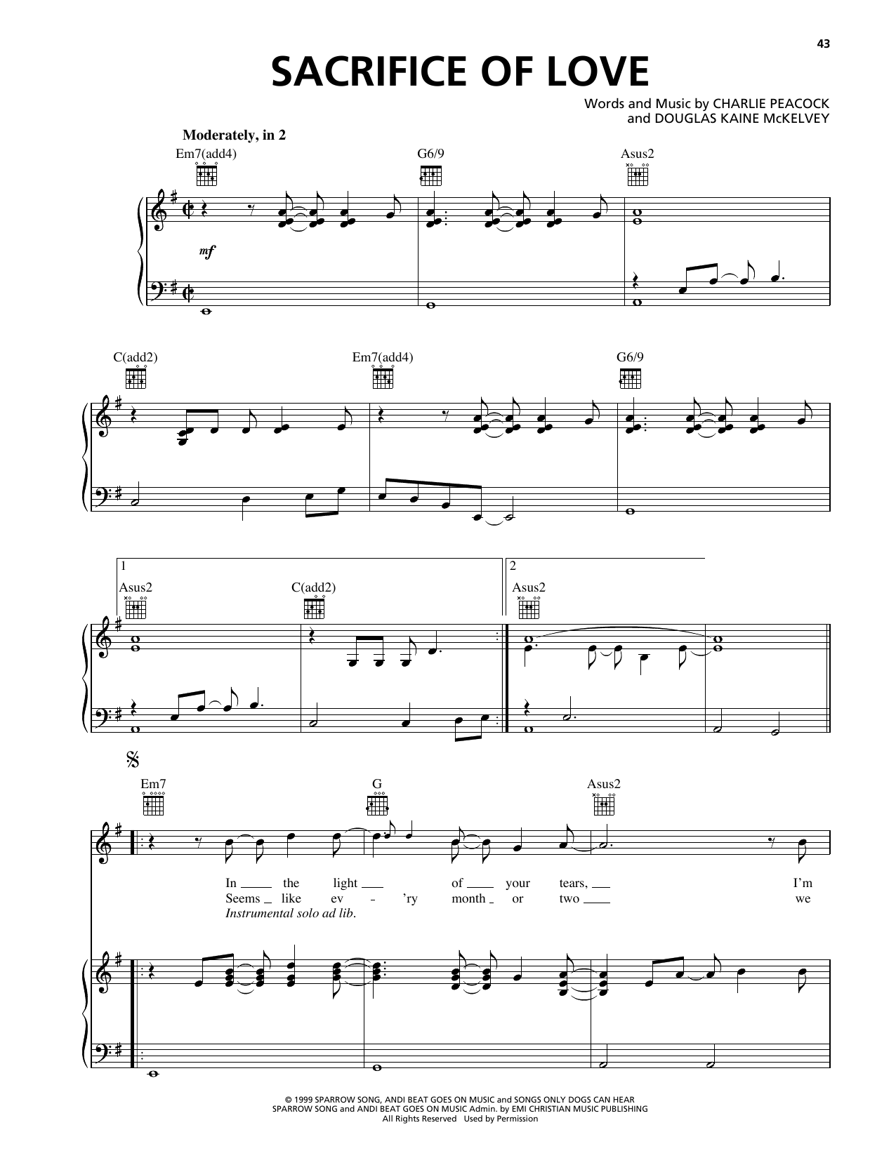 Download Charlie Peacock Sacrifice Of Love Sheet Music and learn how to play Piano, Vocal & Guitar Chords (Right-Hand Melody) PDF digital score in minutes