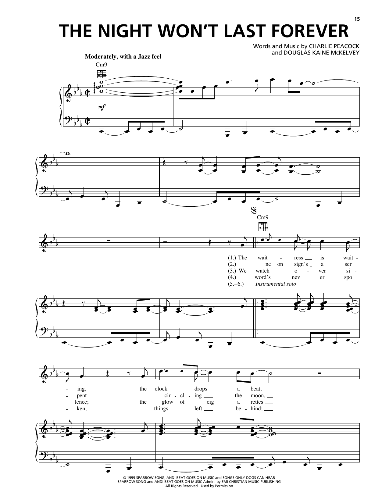 Download Charlie Peacock The Night Won't Last Forever Sheet Music and learn how to play Piano, Vocal & Guitar Chords (Right-Hand Melody) PDF digital score in minutes