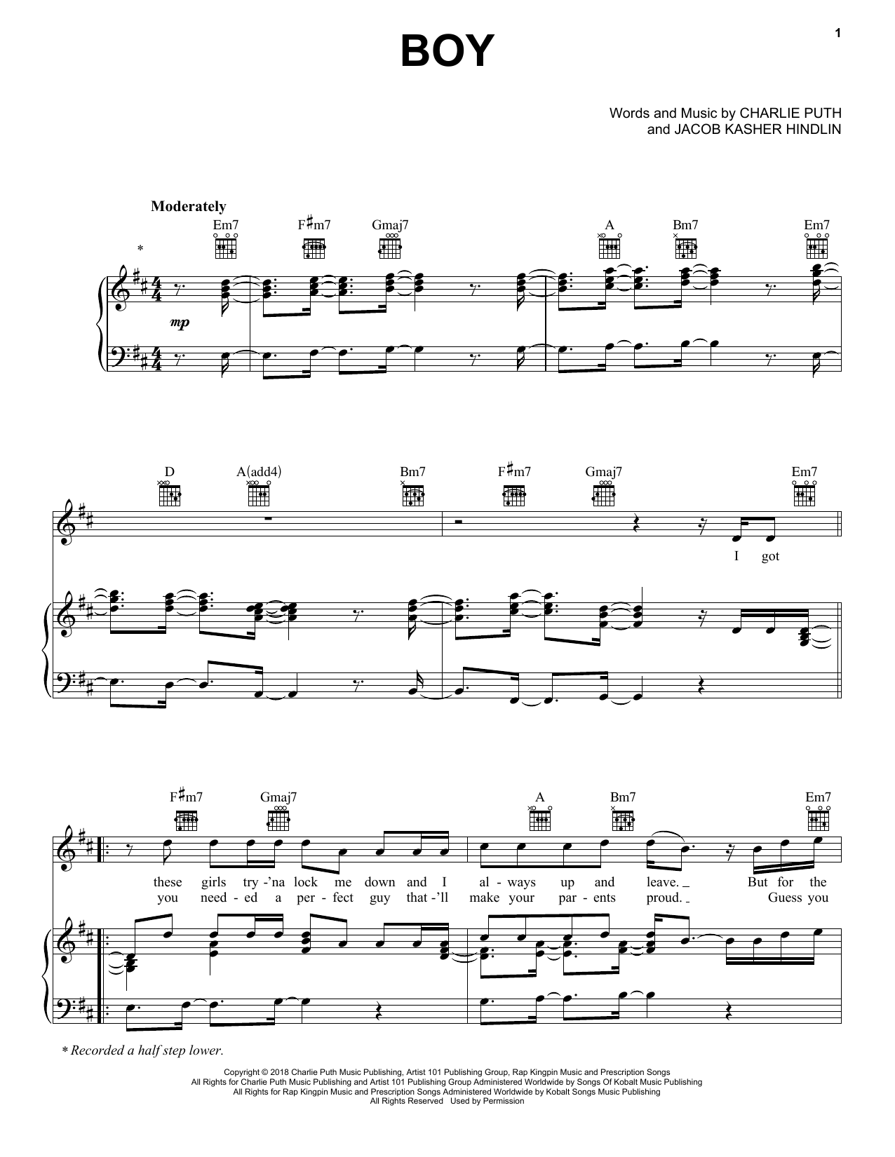 Download Charlie Puth Boy Sheet Music and learn how to play Piano, Vocal & Guitar Chords (Right-Hand Melody) PDF digital score in minutes