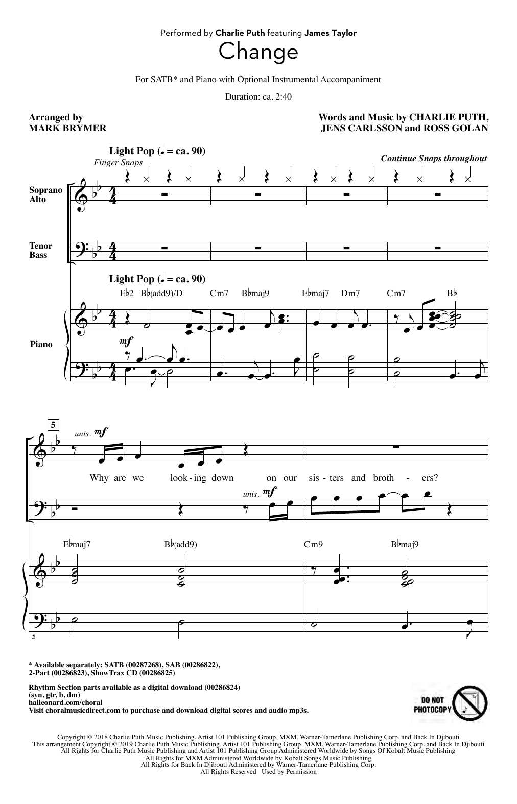 Download Charlie Puth Change (feat. James Taylor) (arr. Mark Brymer) Sheet Music and learn how to play 2-Part Choir PDF digital score in minutes
