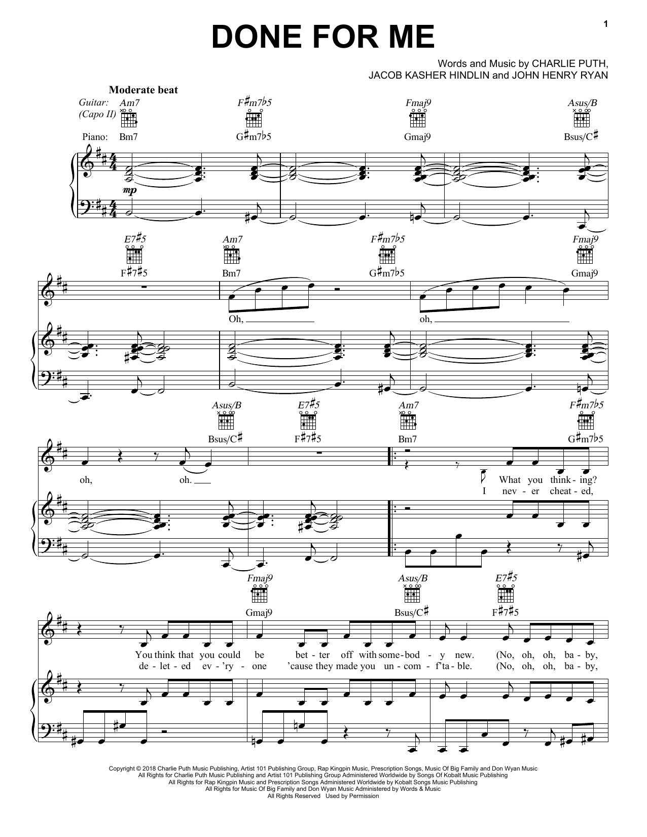 Download Charlie Puth Done For Me (feat. Kehlani) Sheet Music and learn how to play Piano, Vocal & Guitar Chords (Right-Hand Melody) PDF digital score in minutes