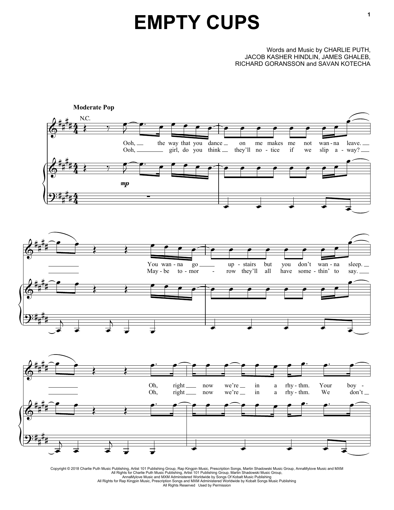Download Charlie Puth Empty Cups Sheet Music and learn how to play Piano, Vocal & Guitar Chords (Right-Hand Melody) PDF digital score in minutes